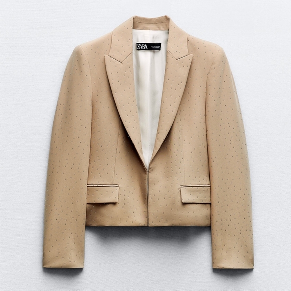 New Zara embellished rhinestone semi dropped blazer beige tan neutral sparkle - Picture 15 of 15